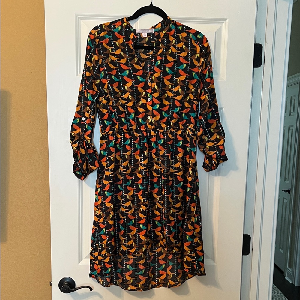 Romeo And Juliet Bird Print Black with Orange & Teal Accents